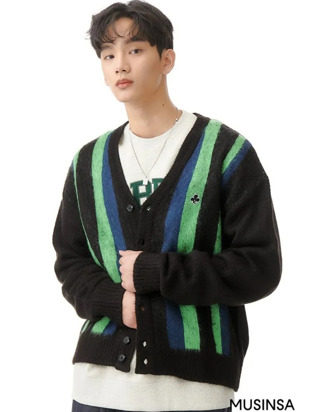 ENOU k-pop Legend Striped Black Cardigan Sweater with Green & Blue Accents